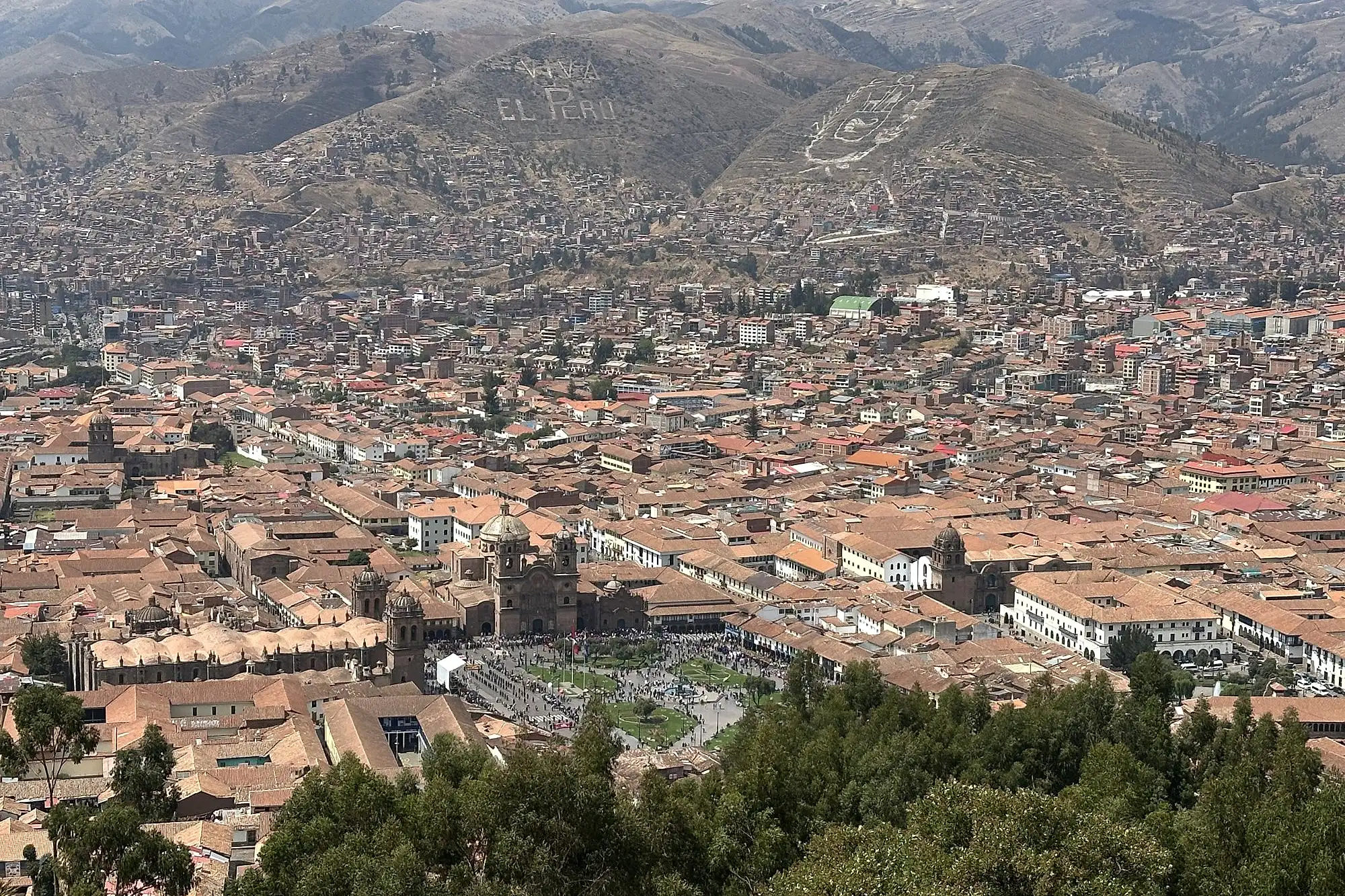 Cusco's Plaza de Armas and its churches seen from the hillside above the city, the halfway point of a Peru and Bolivia trip