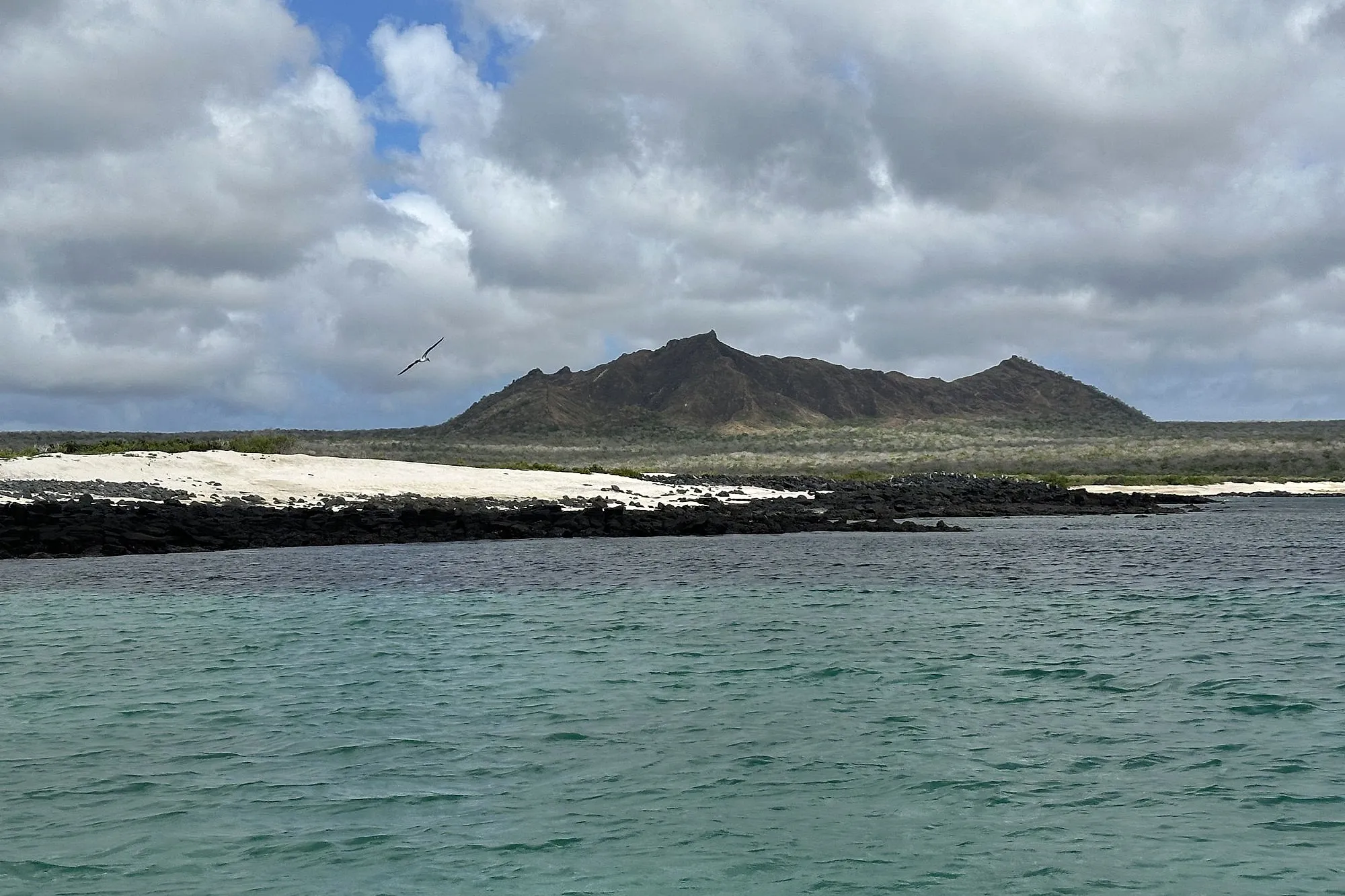A volcanic peak and a white-sand beach edged with black lava in the Galapagos Islands, with a frigatebird overhead