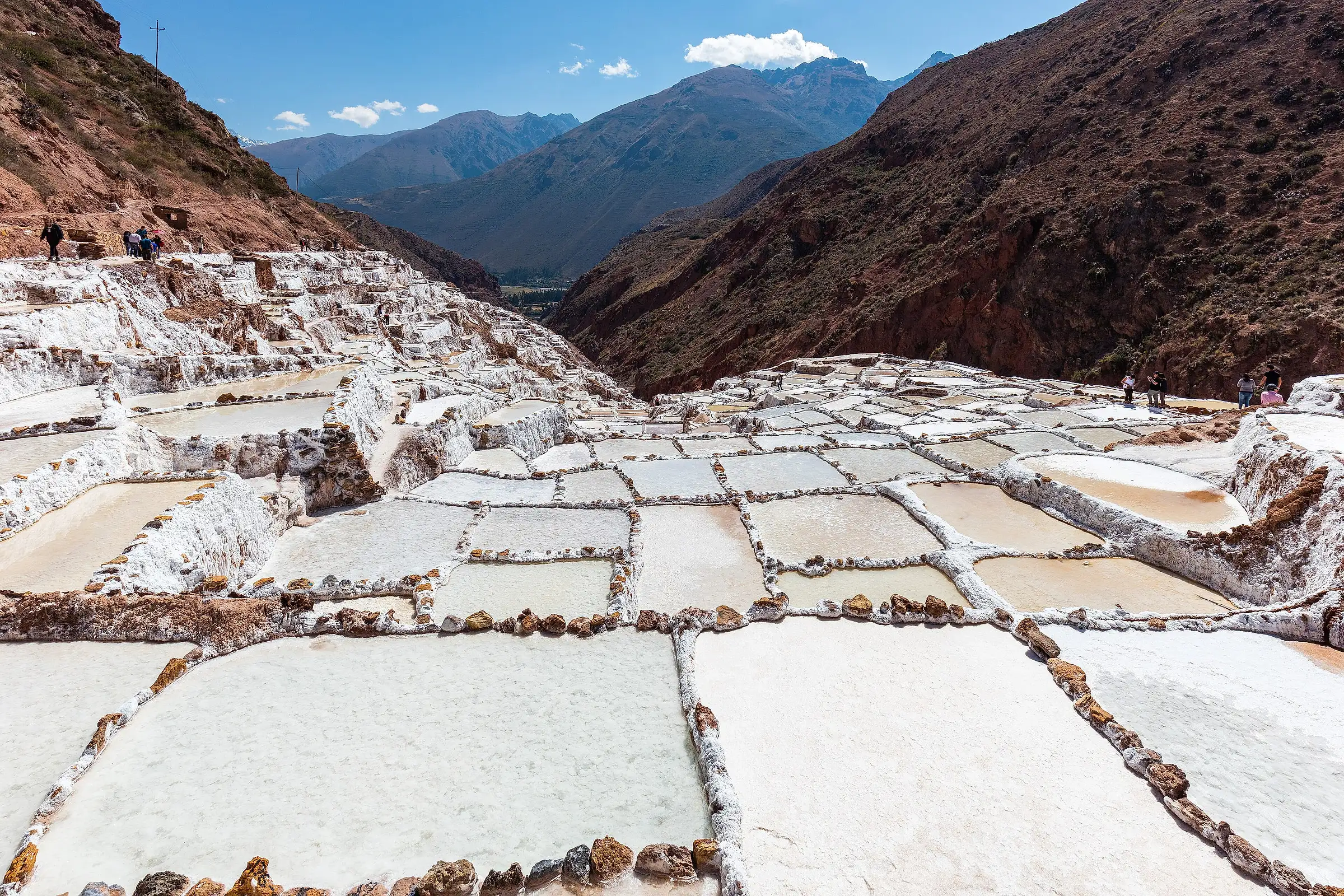 The salt pans of Maras under a clear dry-season sky with snow peaks behind, Sacred Valley
