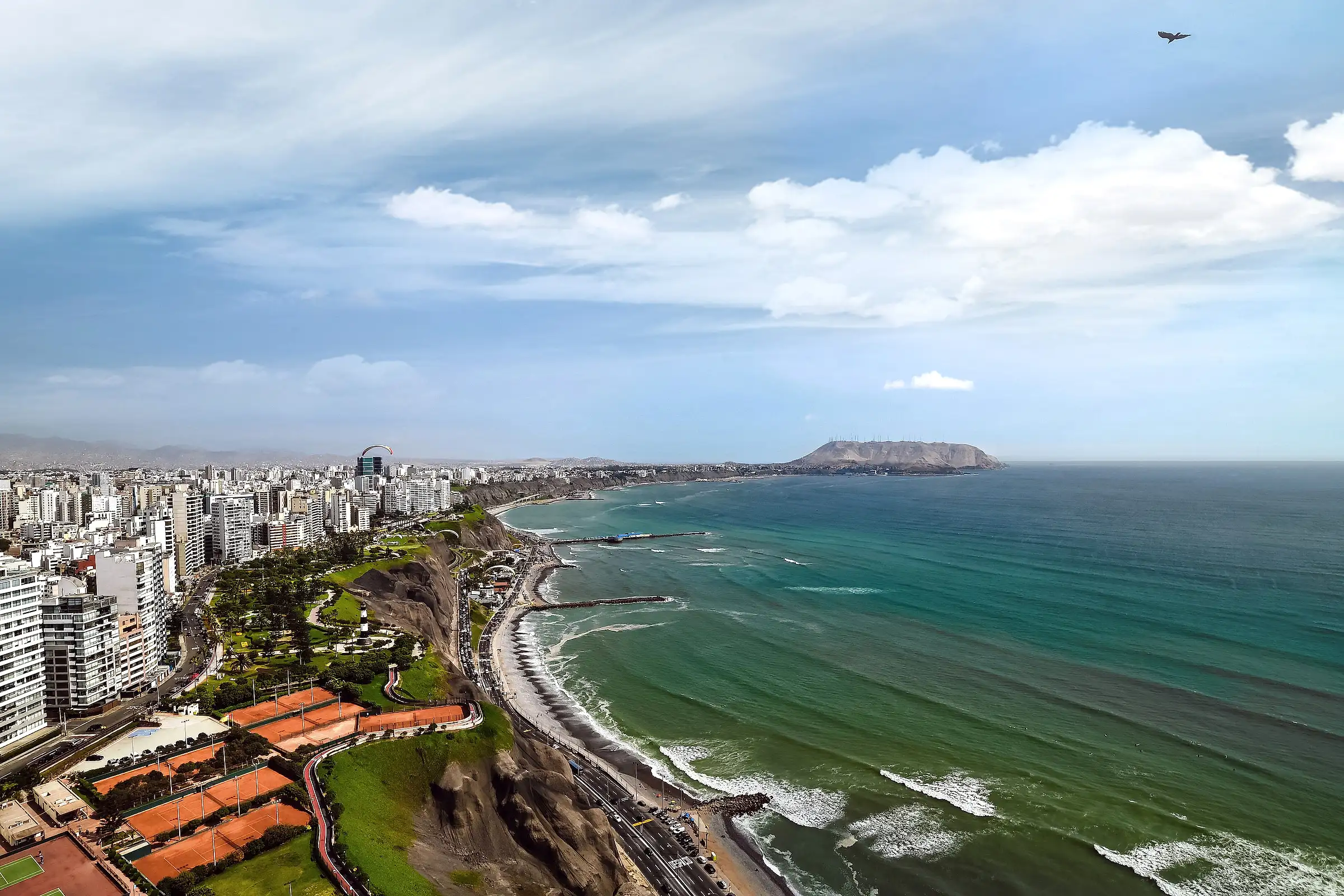 The clifftop parks of the Miraflores malecón above the Pacific coast of Lima, Peru